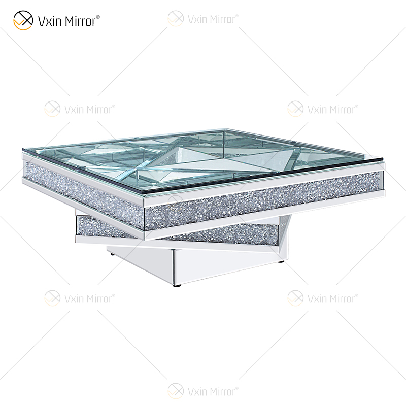 Vxin WXF-158 3D brilhante diamante esmagado mesa de centro espelhada quadrada prata mesa de vidro temperado