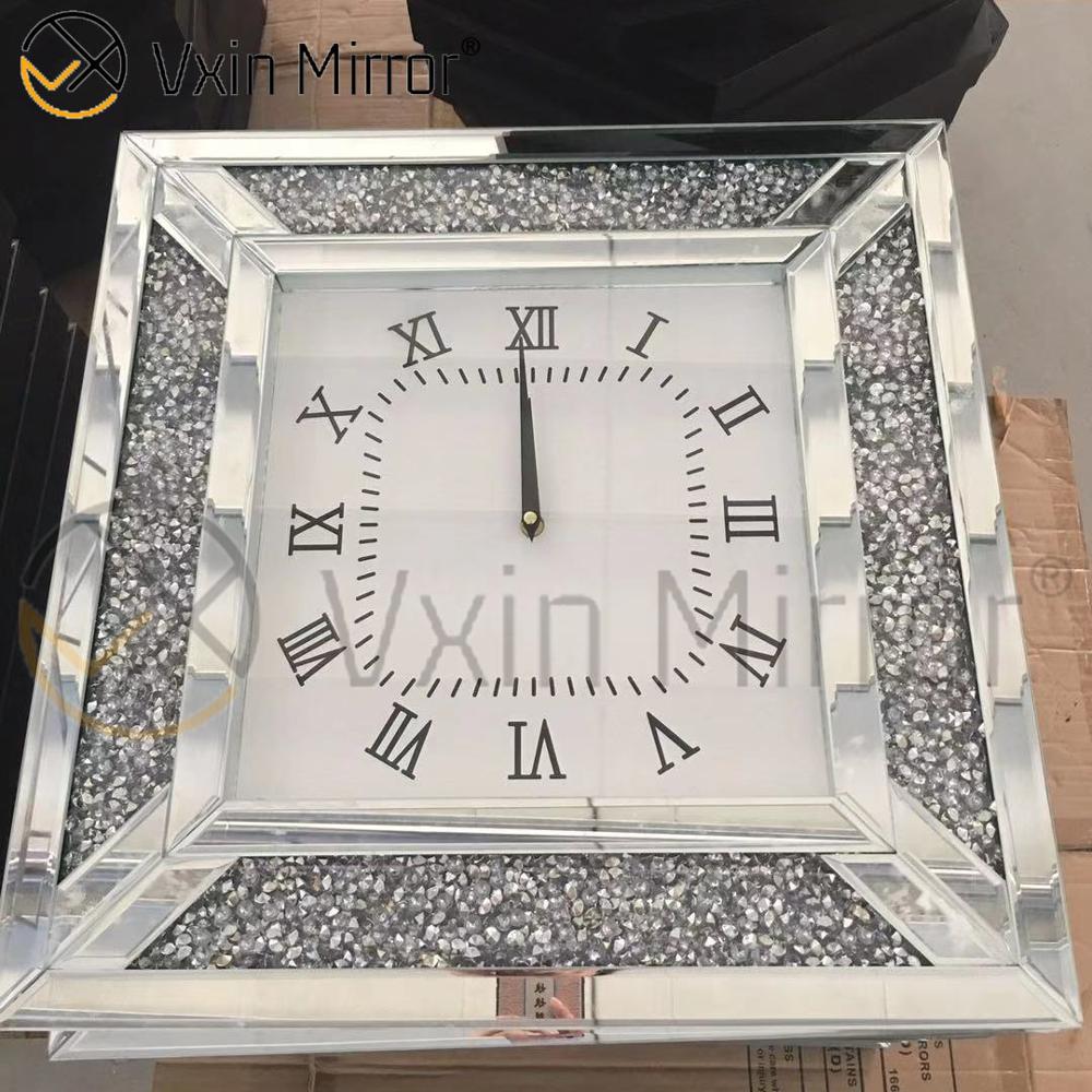 Relógio de parede com espelho de luxo elegante e moderno prata diamante esmagado