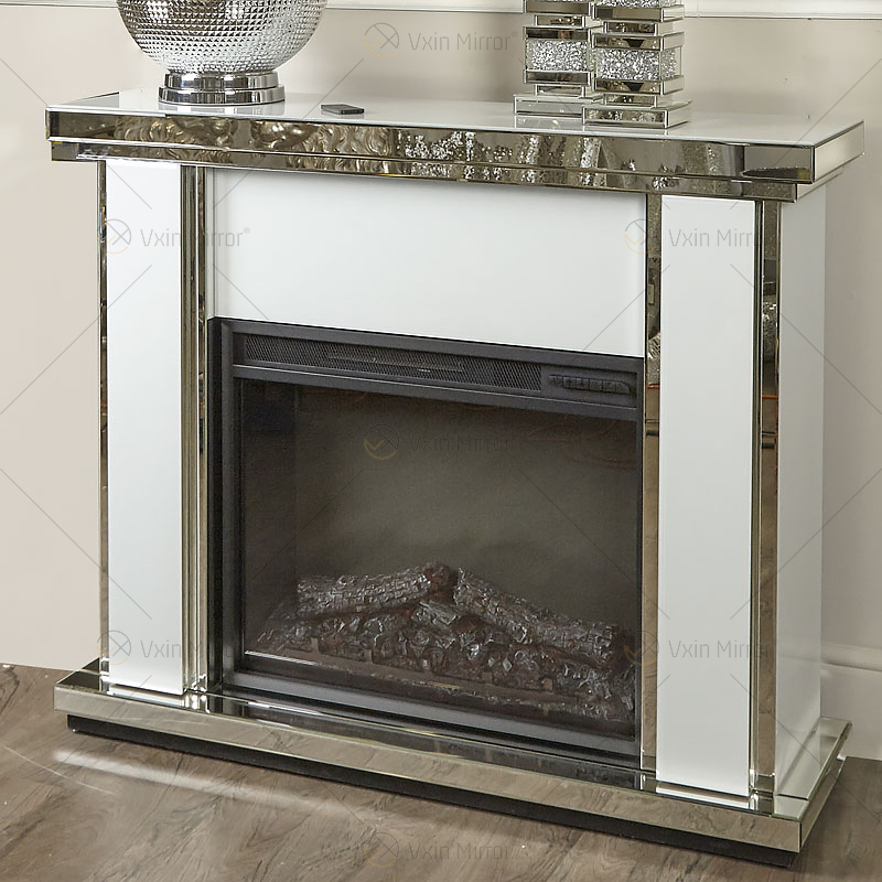 Lareira de espelho de vidro branco diamante esmagado de luxo para sala de estar em móveis de sala de estar WXWF-1108