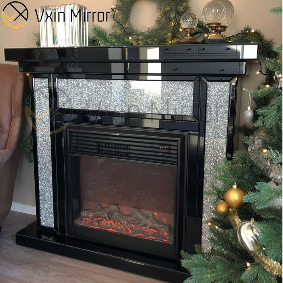 Lareira Eléctrica Prata Diamante Preto Moldura Espelho Lareira Elétrica Para Sala de Estar Sofás WXWF-042-1