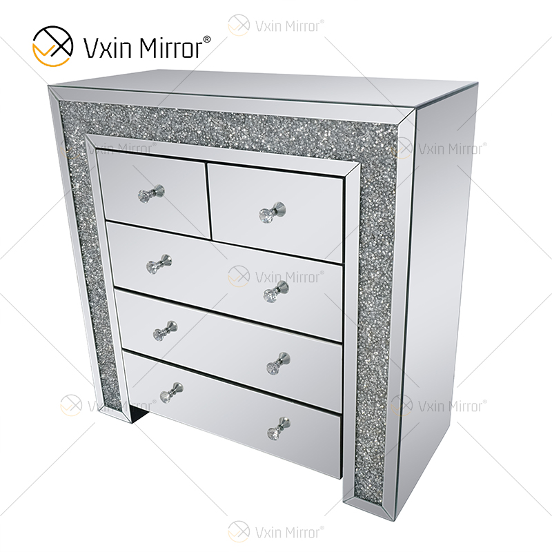 Armário de cabeceira Vxin espelhado prata esmagado diamante com 5 gavetas