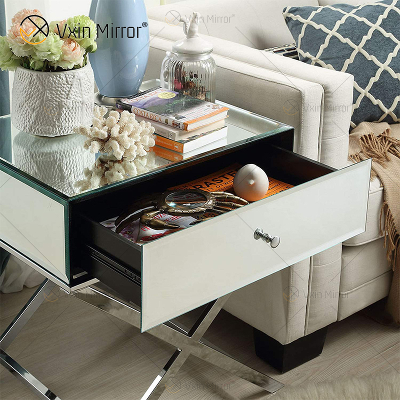 Mesa de cabeceira de cristal para móveis de aço inoxidável prata moderna WXF-046 com 1 gavetas mesa de cabeceira espelhada
