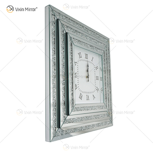 Venda imperdível relógio espelhado WXMC-078 diamante esmagado prata decoração de parede elegante relógio quadrado
