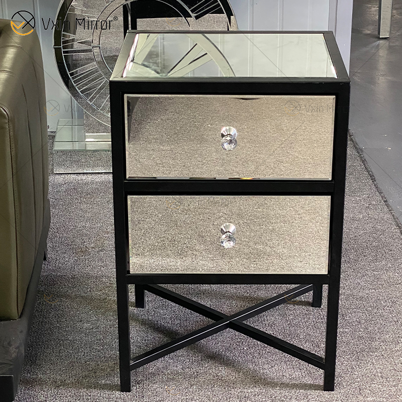 Mesa de cabeceira de ferro forjado de vidro prateado moderno com 2 gavetas mesa de cabeceira espelhada para quarto