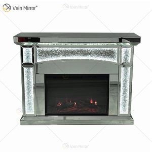 Novo design WXMF026-1 LED prata cristal vidro sala de estar espelho lareira com inserção interna