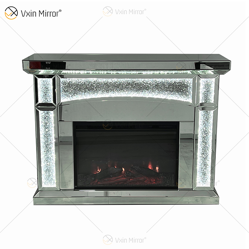 Novo design WXMF026-1 LED prata cristal vidro sala de estar espelho lareira com inserção interna