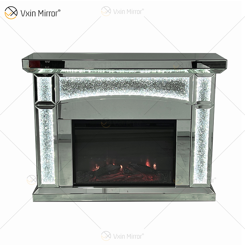 Novo design WXMF026-1 LED prata cristal vidro sala de estar espelho lareira com inserção interna