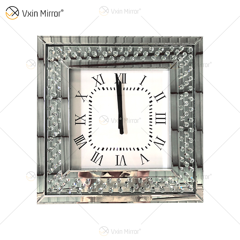Relógio espelhado moderno barato WXMC-003 prata decorativo diamante esmagado relógio de parede espelho