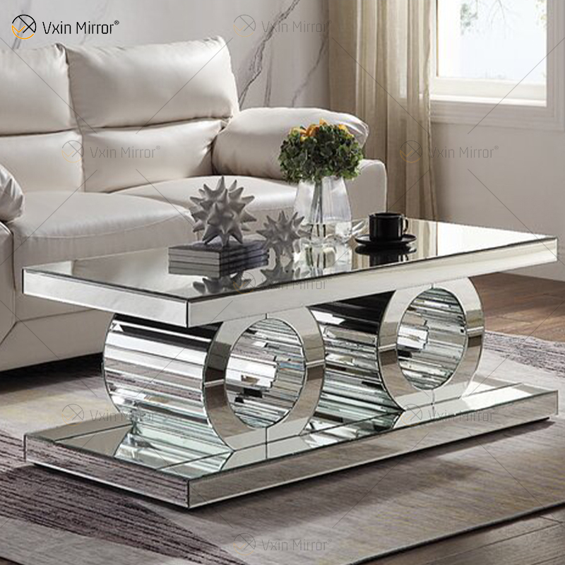 Mesa de centro de vidro simples e moderna Vxin 3D com geometria espelhada mesa de centro prateada coberta para sala de estar