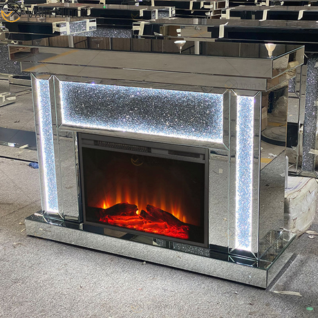 Lareira de espelho de sala de estar de vidro cristal prateado LED multicolor com inserção interna