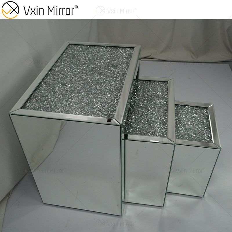 Venda imperdível ZH056 Mesa Lateral Quadrada Moderna Combinada Vidro Prata Com Cristal Diamante Mesa Lateral Espelho Sala De Estar