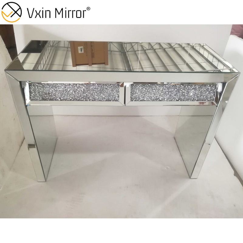 Mesa Console Espelhada VXin WXWF-710 Duas Gavetas Esmagadas Diamante Beval Mesa Lateral Prata