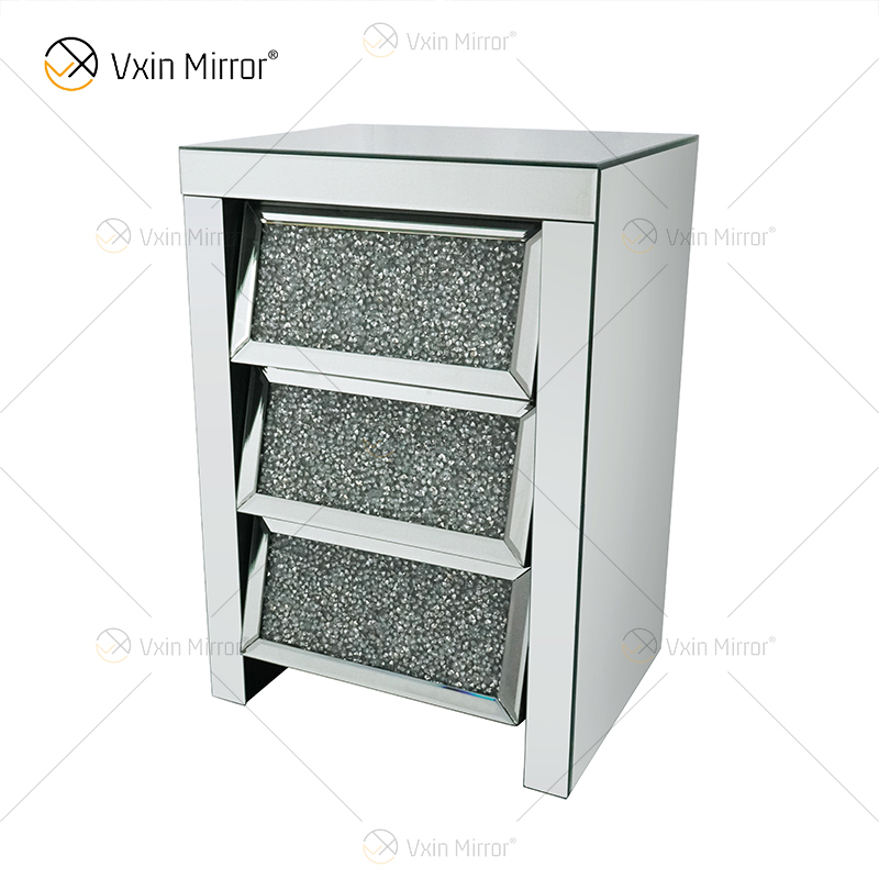 Vxin Espelho WXF-116 Cristal Prata Mesinha de cabeceira chanfrada espelhada com 3 gavetas para quarto