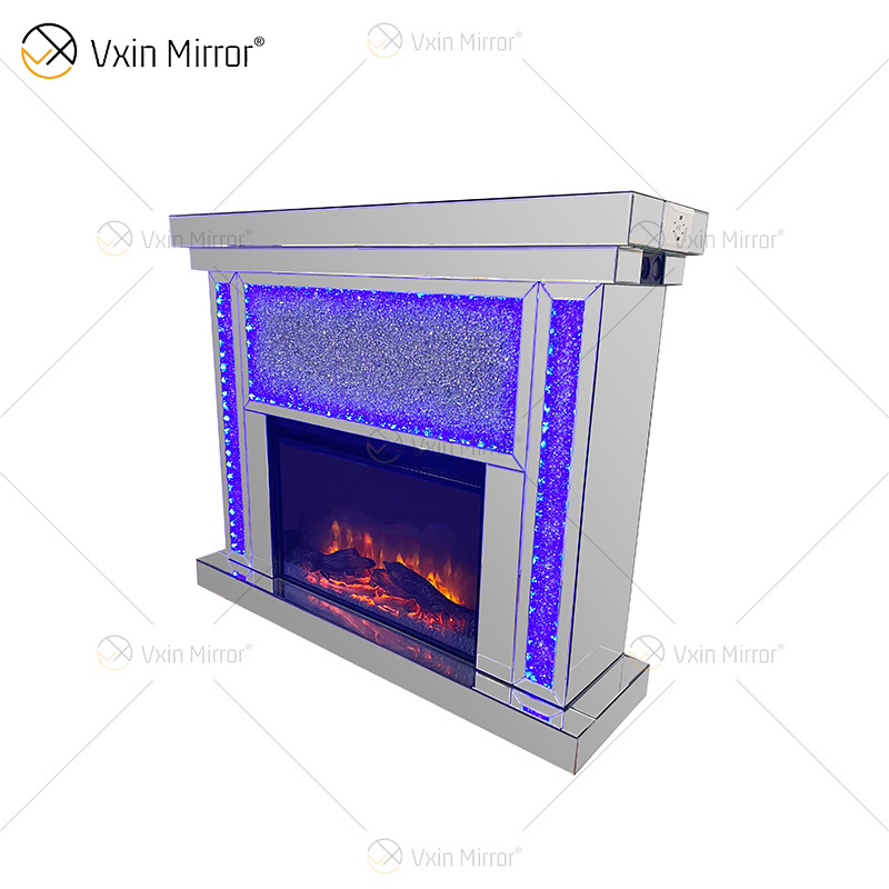 WXF-1073A cristal prateado LED espelho lareira com dente azul com alto-falante diamantes