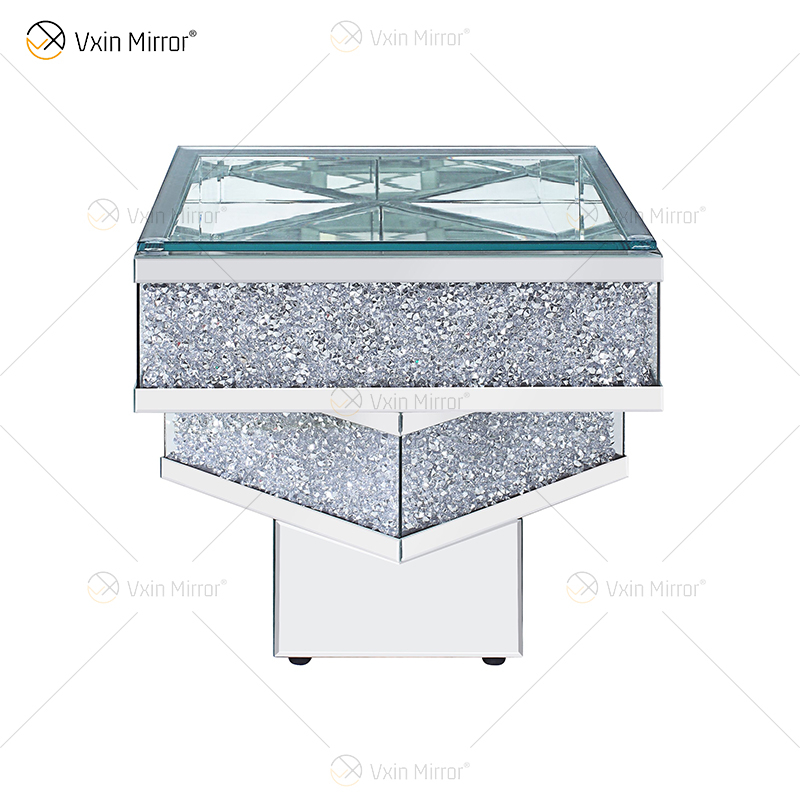 Vxin WXF-158-1 3D Esmagado Diamante Mesa Lateral Prata Espelho Vidro Temperado Mesa Lateral