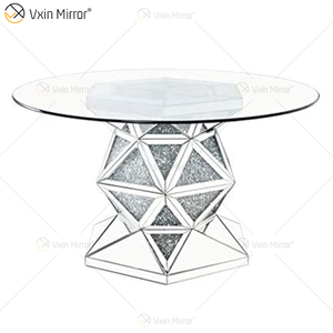 2020 novo design WXF-160 diamante esmagado mesa de jantar redonda de prata com tampo de mesa de vidro temperado