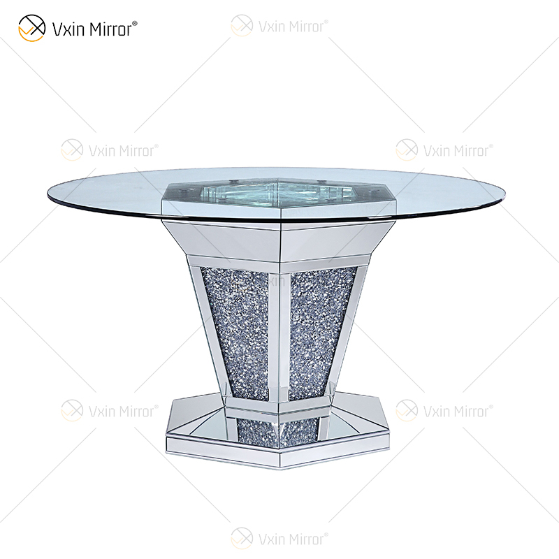2020 novo design WXF-100 diamante esmagado mesa de jantar redonda de prata com tampo de mesa de vidro temperado