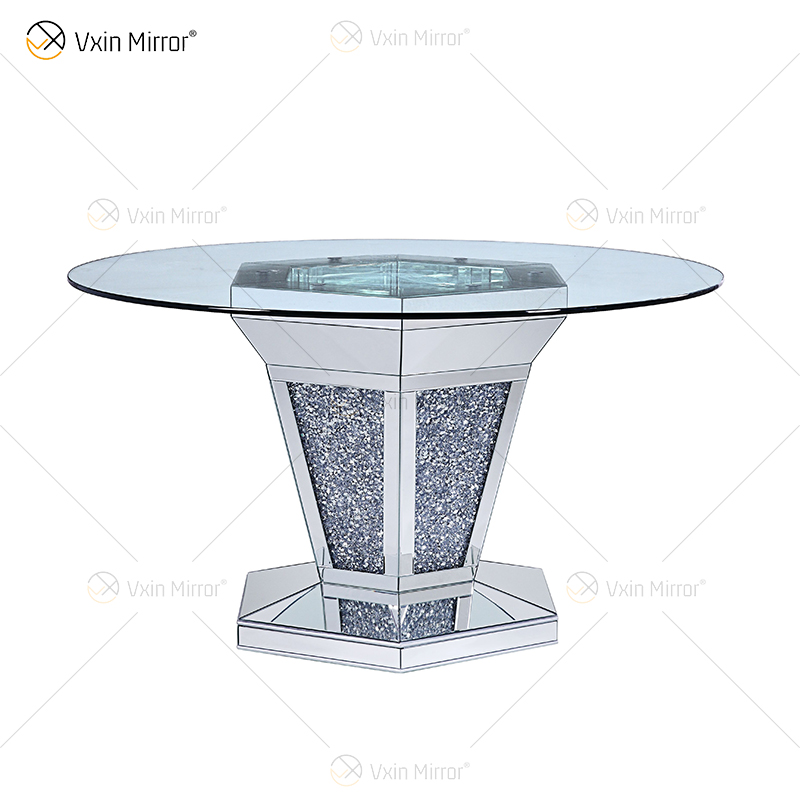 2020 novo design WXF-100 diamante esmagado mesa de jantar redonda de prata com tampo de mesa de vidro temperado