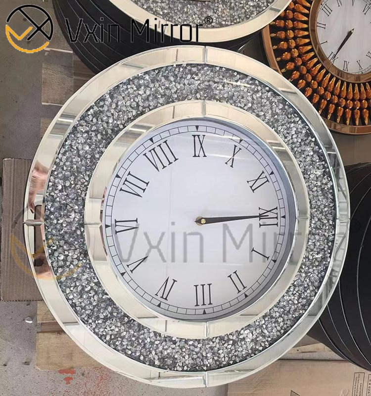 Relógio de parede com espelho de luxo elegante e moderno prata diamante esmagado
