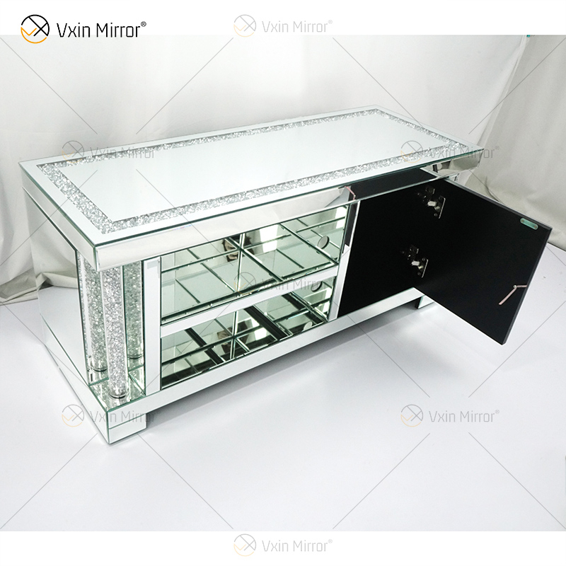 Móveis espelhados sala de estar europeu moderno WXF-162 design mais recente suportes de tv de vidro com diamante