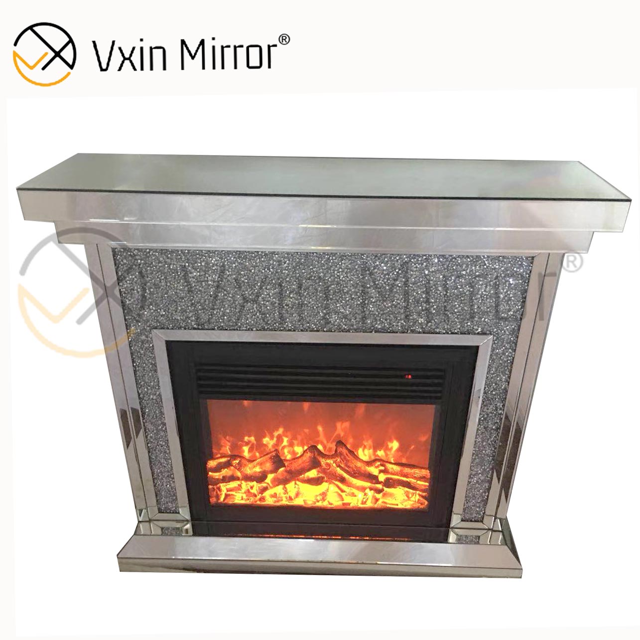 Lareira de espelho de diamante esmagado com cristal de luxo para decoração de casa com inserção de vento quente em móveis de sala de estar WXWF-042