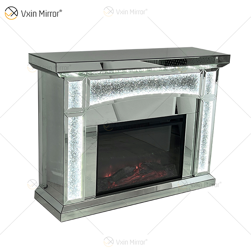 Novo design WXMF026-1 LED prata cristal vidro sala de estar espelho lareira com inserção interna