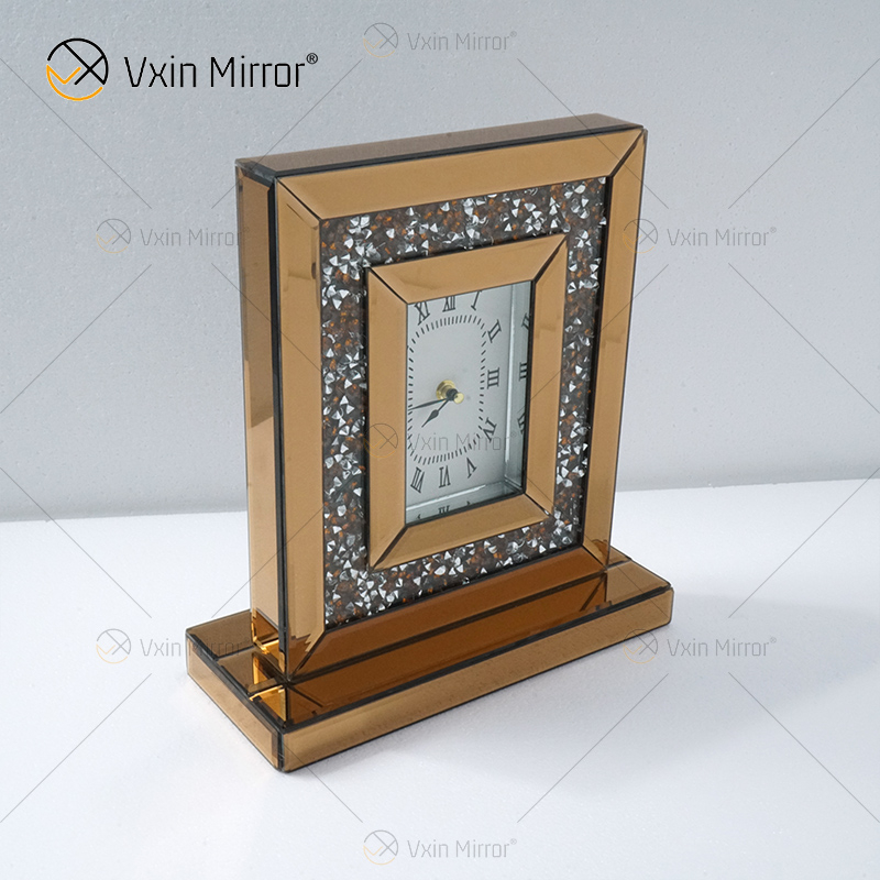 Novo design WXMC-077 Cristal Marrom Luxo Espelho Relógio de Mesa Retângulo