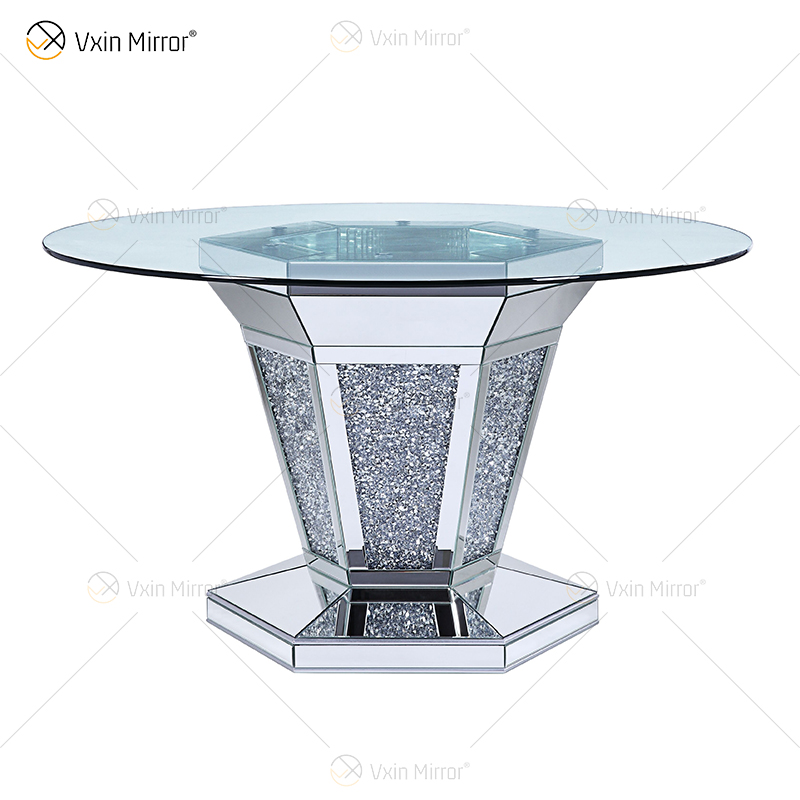2020 novo design WXF-100 diamante esmagado mesa de jantar redonda de prata com tampo de mesa de vidro temperado