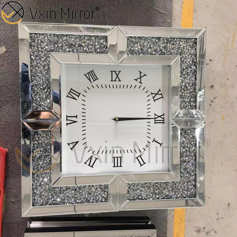 Relógio de parede com espelho de luxo elegante e moderno prata diamante esmagado