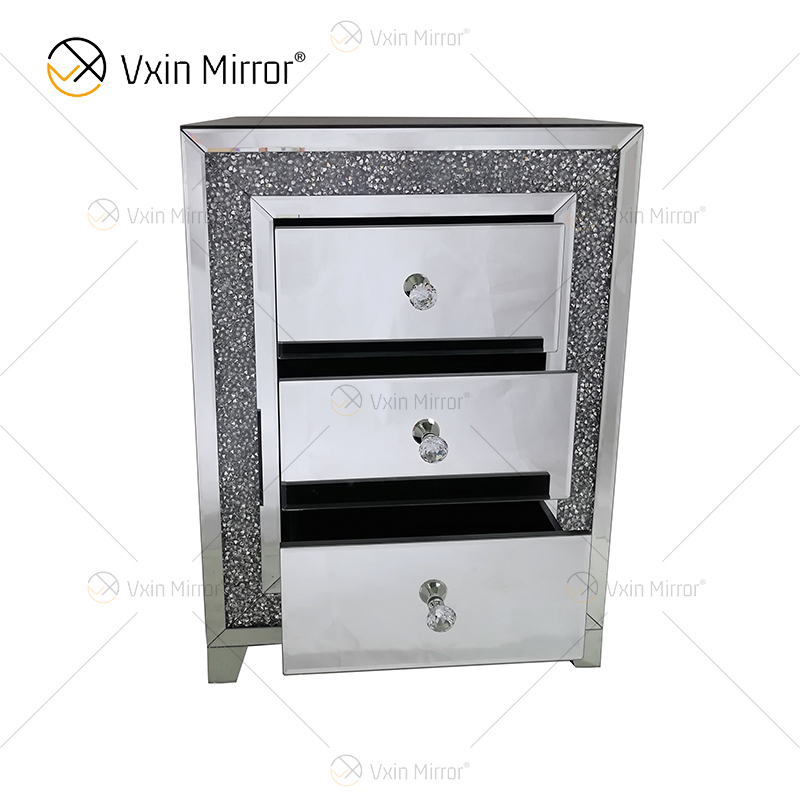 Mesa-de-cabeceira com moldura de diamante em prata de boa qualidade e mesa de cabeceira espelhada com 3 gavetas