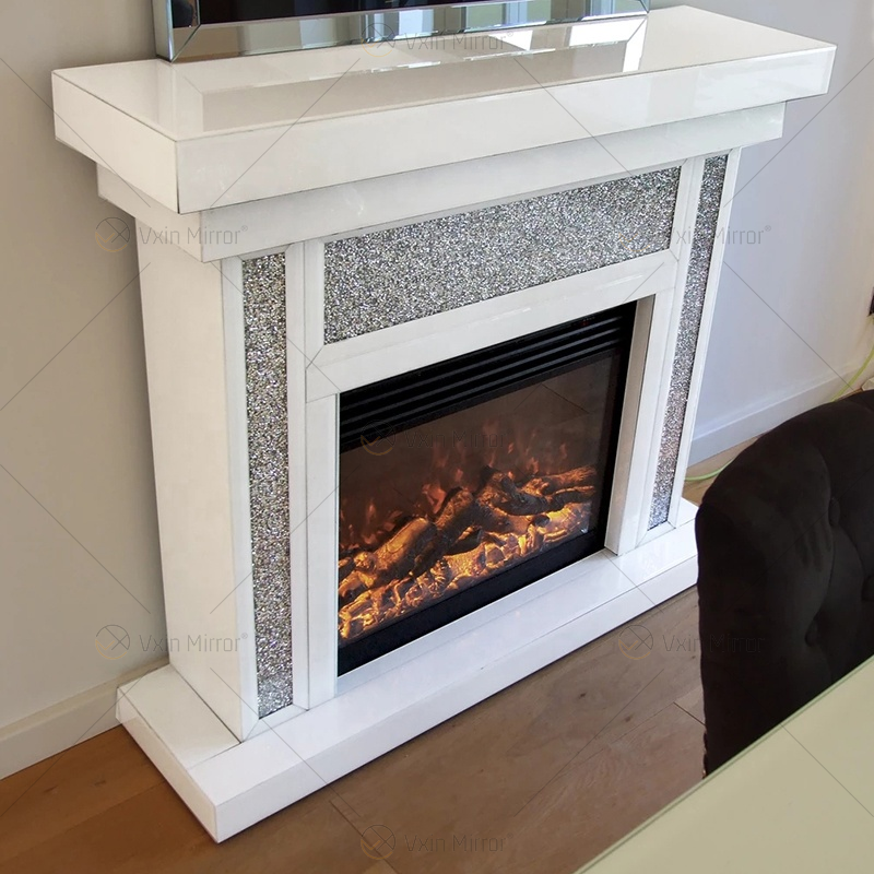 Lareira de espelho de vidro branco diamante esmagado de luxo para sala de estar em móveis de sala de estar WXWF-1108