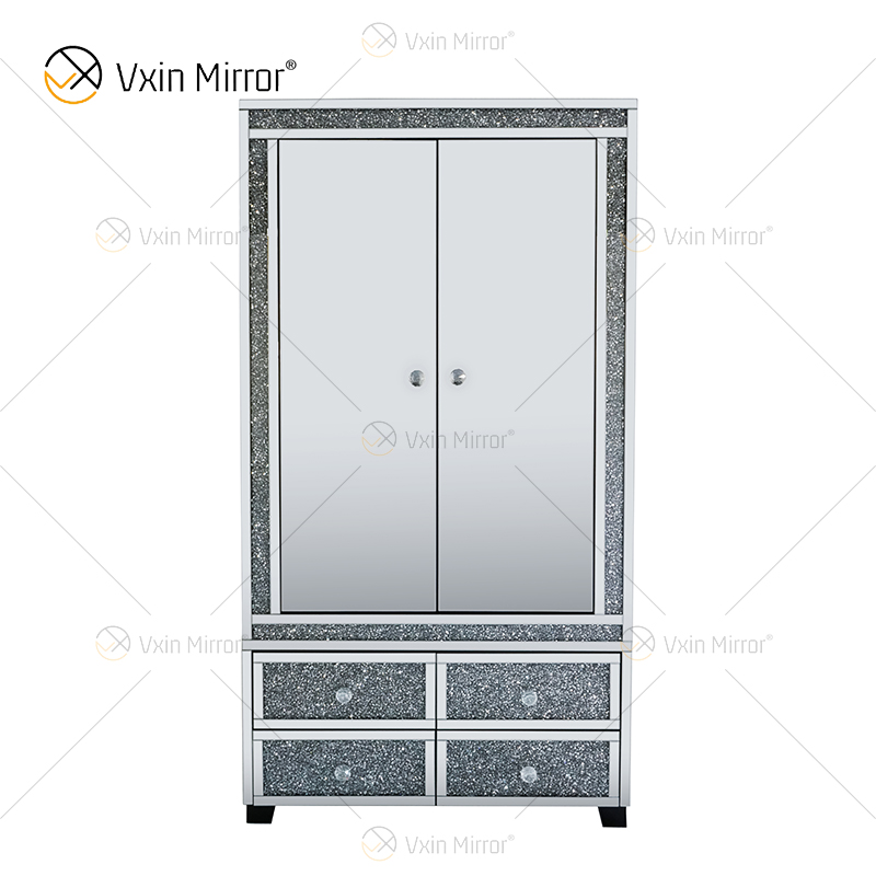 Conjunto de móveis de quarto espelhado de venda imperdível guarda-roupa de cama espelhada diamante preto esmagado com mesa de cabeceira