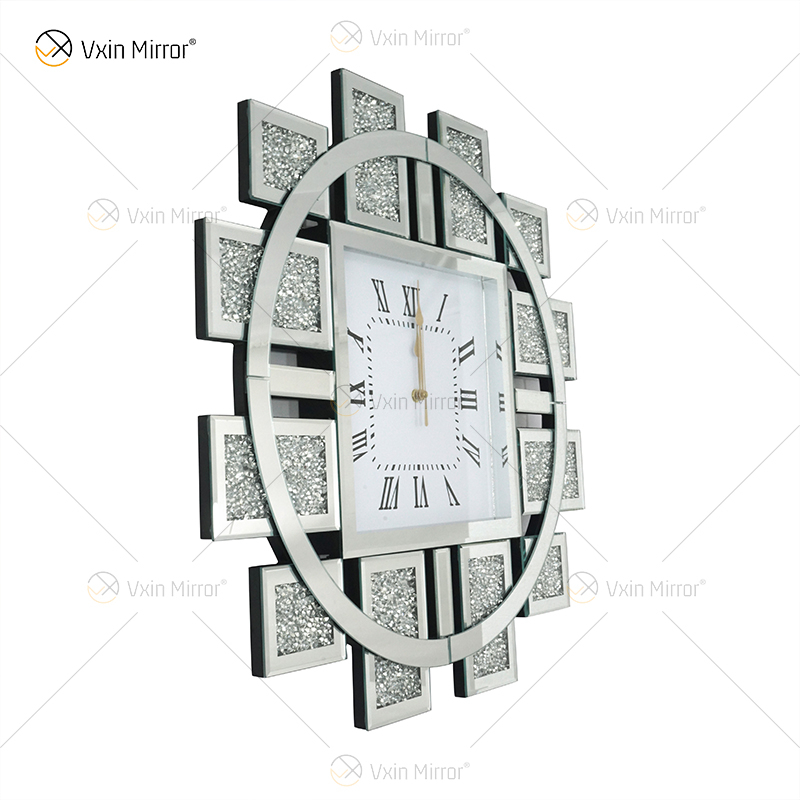Atacado WXMC-082 Relógio Espelhado Esmagado Diamante Prata Decoração de Parede Elegante Luxo Relógio Espelho Redondo
