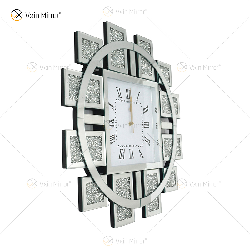 Atacado WXMC-082 Relógio Espelhado Esmagado Diamante Prata Decoração de Parede Elegante Luxo Relógio Espelho Redondo