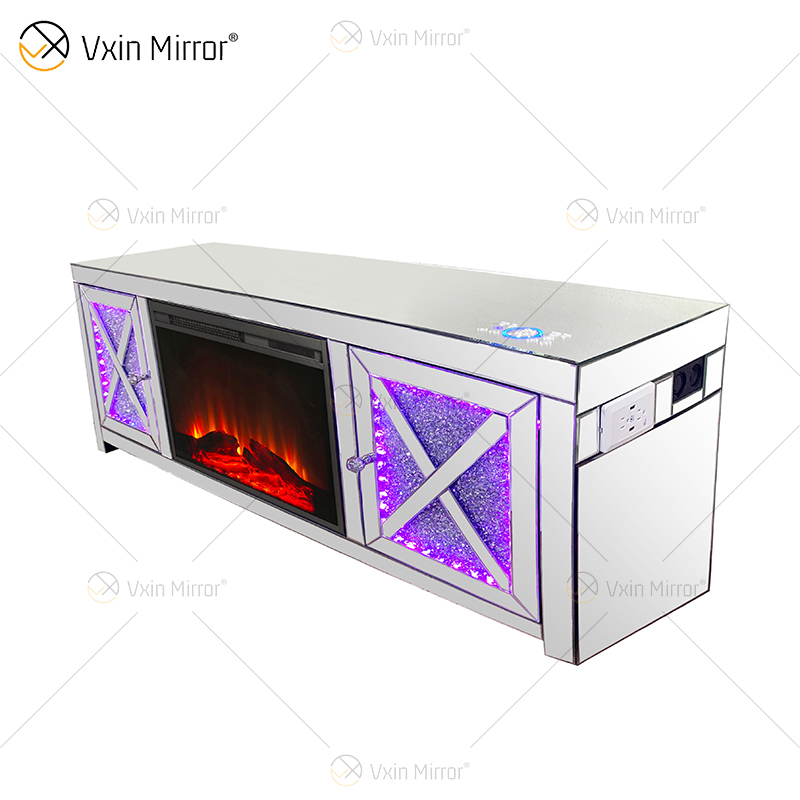 WXF-1054 Prata Cristal LED Lareira Espelhada Armário de TV Com Dente Azul E Alto-falante Espelho Suporte de TV