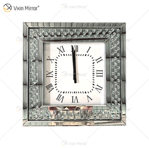 Relógio espelhado moderno barato WXMC-003 prata decorativo diamante esmagado relógio de parede espelho