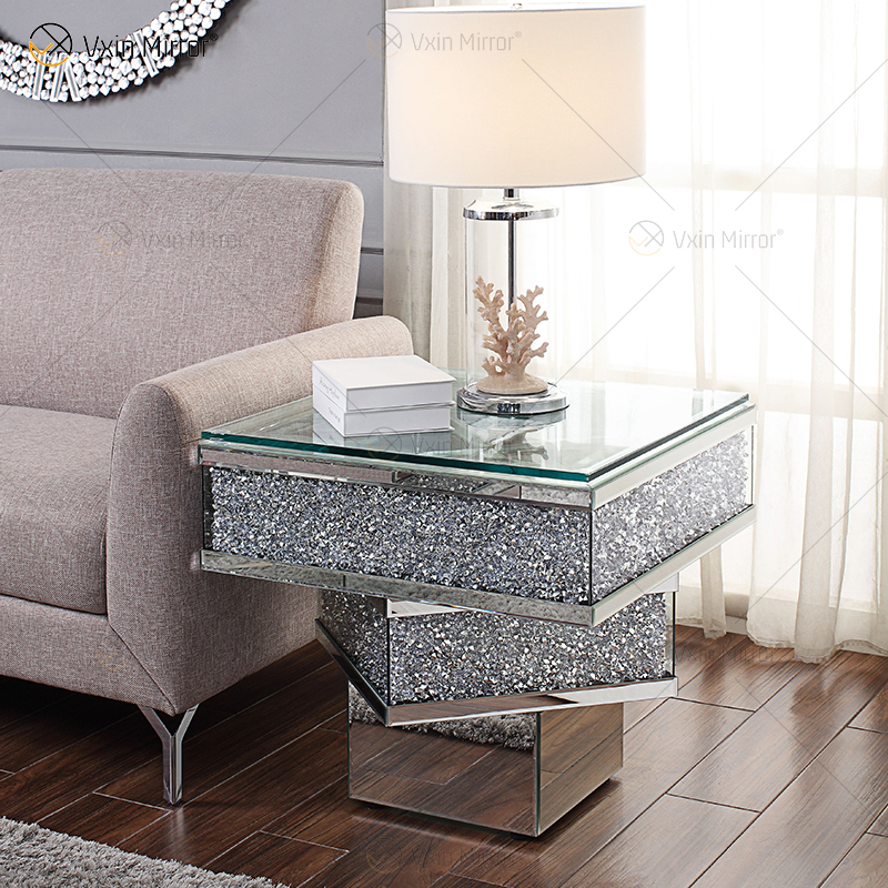 Vxin WXF-158-1 3D Esmagado Diamante Mesa Lateral Prata Espelho Vidro Temperado Mesa Lateral