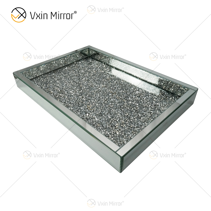 Fornecimento de fábrica WXMT-016 decoração moderna prata esmagado diamante bandeja retangular espelhada