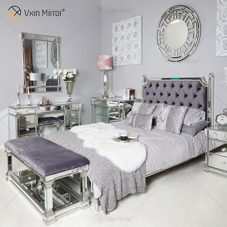 Vxin Móveis Antigos WXWF-1082 Cama King Grace Champagne Prata Espelhada Super Cama