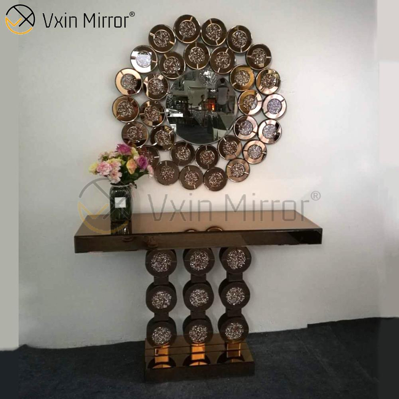 Baixo preço Vxin moderno redondo diamante esmagado mesa console de vidro móveis espelho