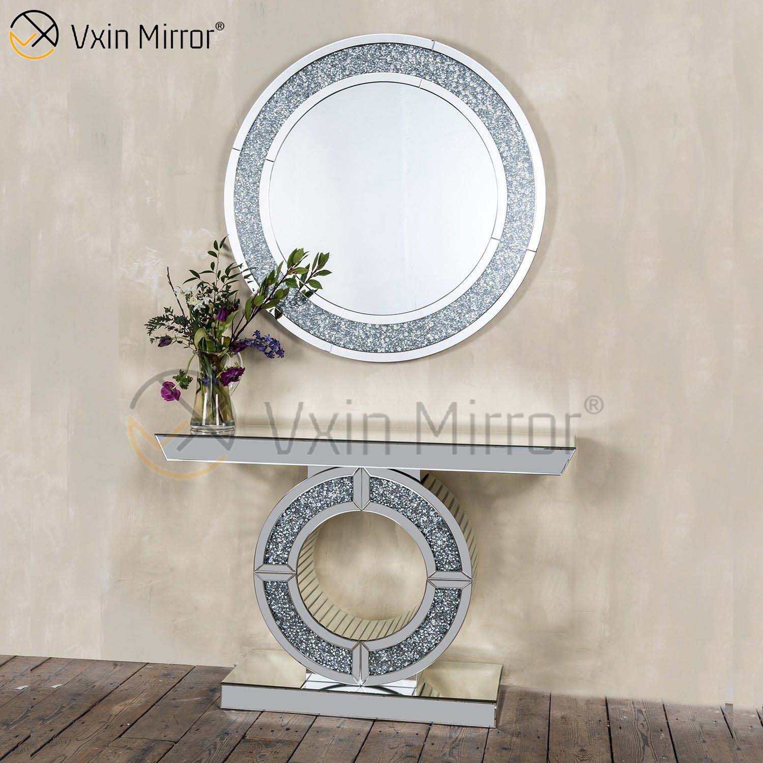 Mesa de console espelhada de cristal espelhado de diamante preto nova chegou de fábrica Vxin