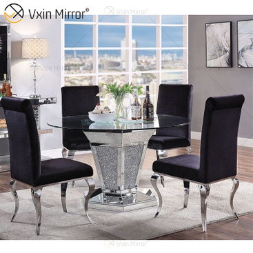 2020 novo design WXF-100 diamante esmagado mesa de jantar redonda de prata com tampo de mesa de vidro temperado