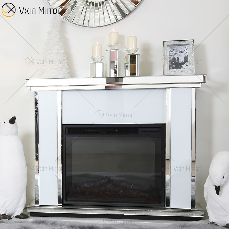 Lareira de espelho de vidro branco diamante esmagado de luxo para sala de estar em móveis de sala de estar WXWF-1108