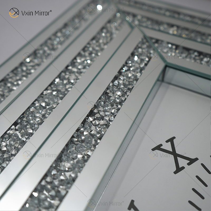 Venda imperdível relógio espelhado WXMC-078 diamante esmagado prata decoração de parede elegante relógio quadrado