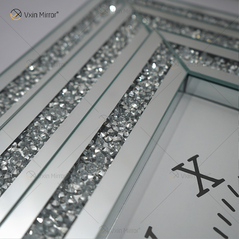 Venda imperdível relógio espelhado WXMC-078 diamante esmagado prata decoração de parede elegante relógio quadrado