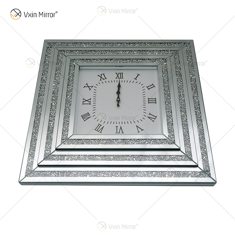 Venda imperdível relógio espelhado WXMC-078 diamante esmagado prata decoração de parede elegante relógio quadrado