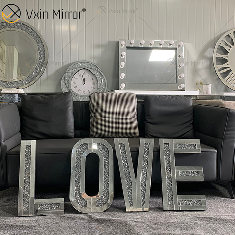 Cartas de espelho de diamante de cristal esmagado prata penduradas na parede natal espelhado decoração de amor espelho arte de parede para móveis de sofá