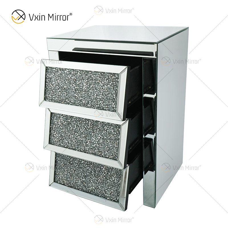 Vxin Espelho WXF-116 Cristal Prata Mesinha de cabeceira chanfrada espelhada com 3 gavetas para quarto