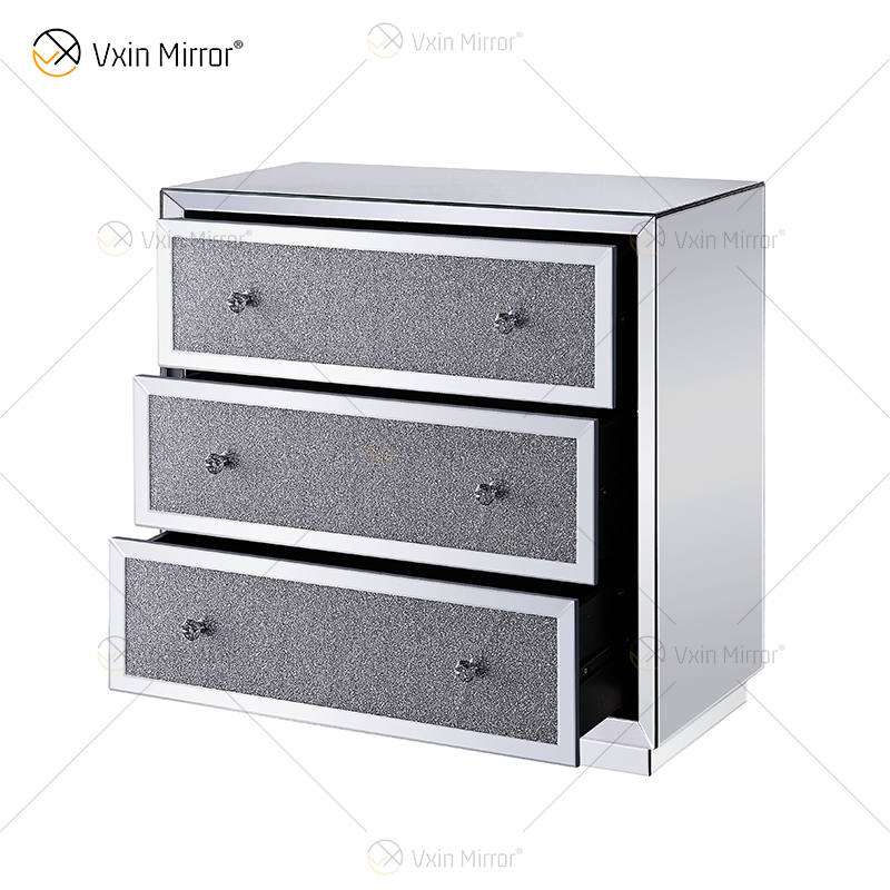Mesa de cabeceira de boa qualidade prata WXF-1001 diamante esmagado decoração moderna mesa de cabeceira com 3 gavetas