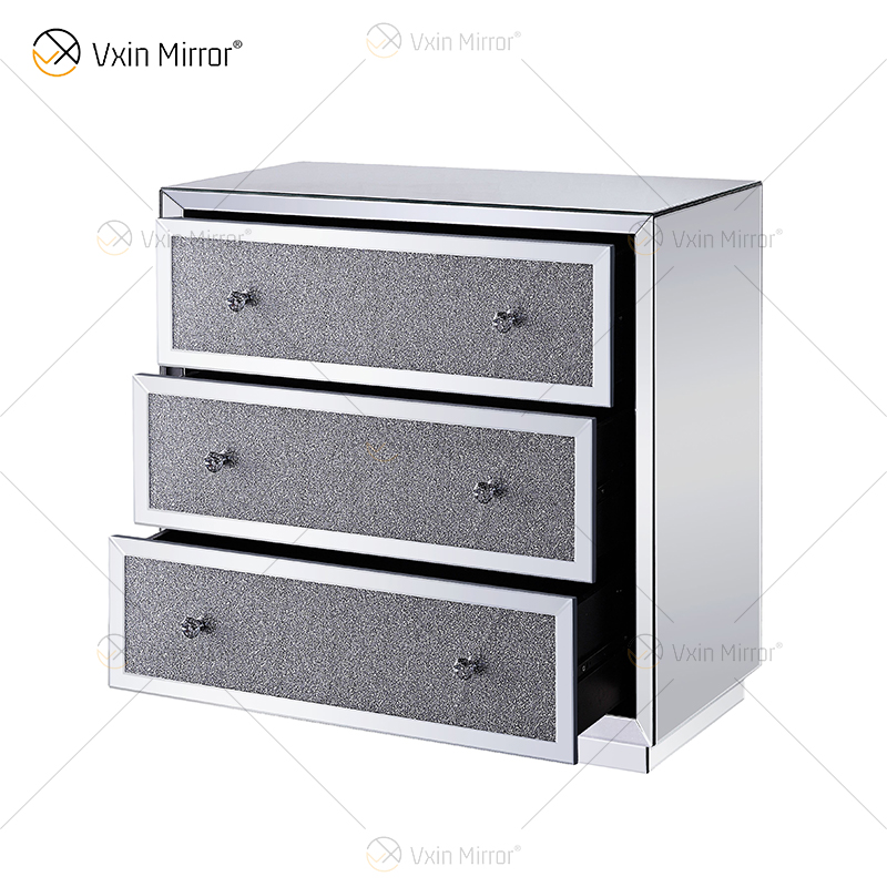Mesa de cabeceira de boa qualidade prata WXF-1001 diamante esmagado decoração moderna mesa de cabeceira com 3 gavetas